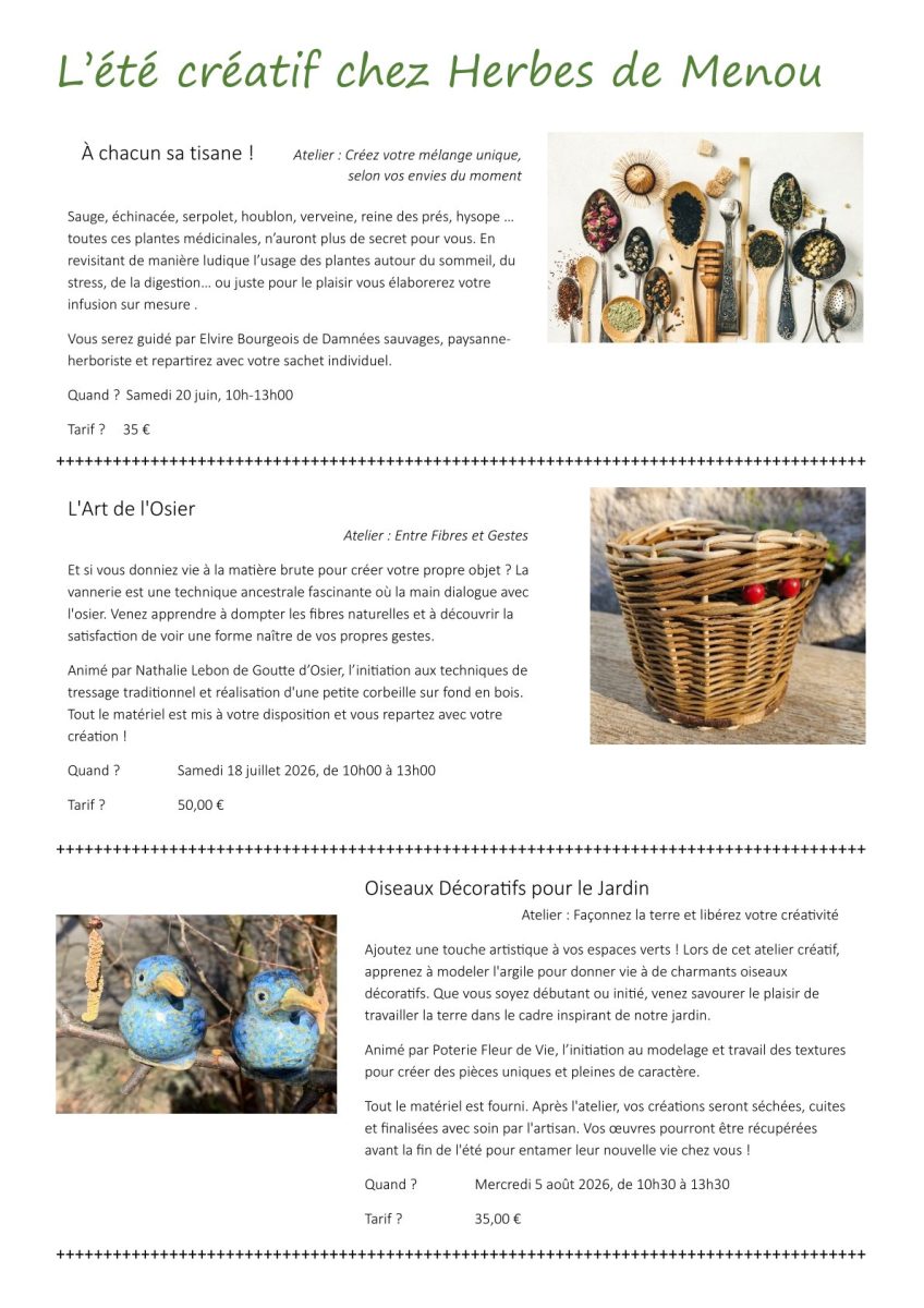 Atelier créatif chez Herbes de Menou : Oiseaux décoratifs pour le jardin