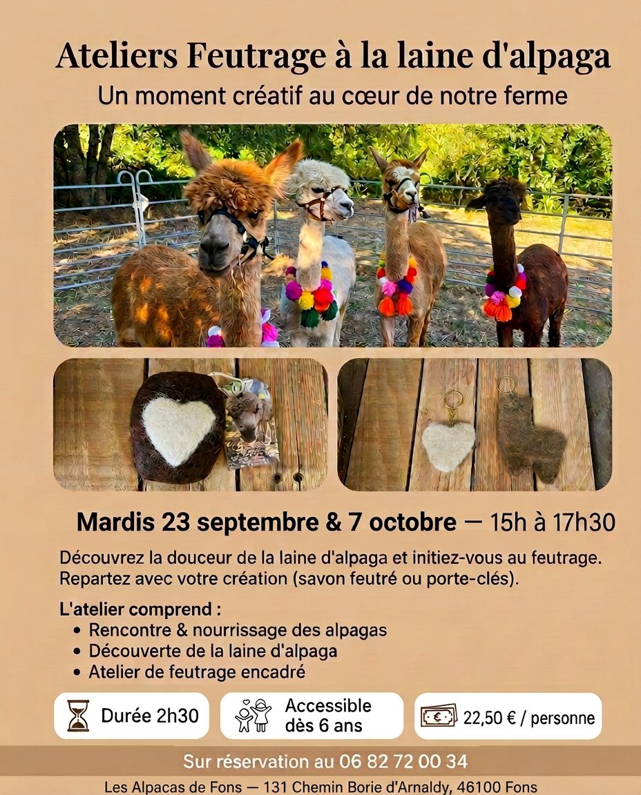 Ateliers feutrage à la ferme des Alpagas de Fons
