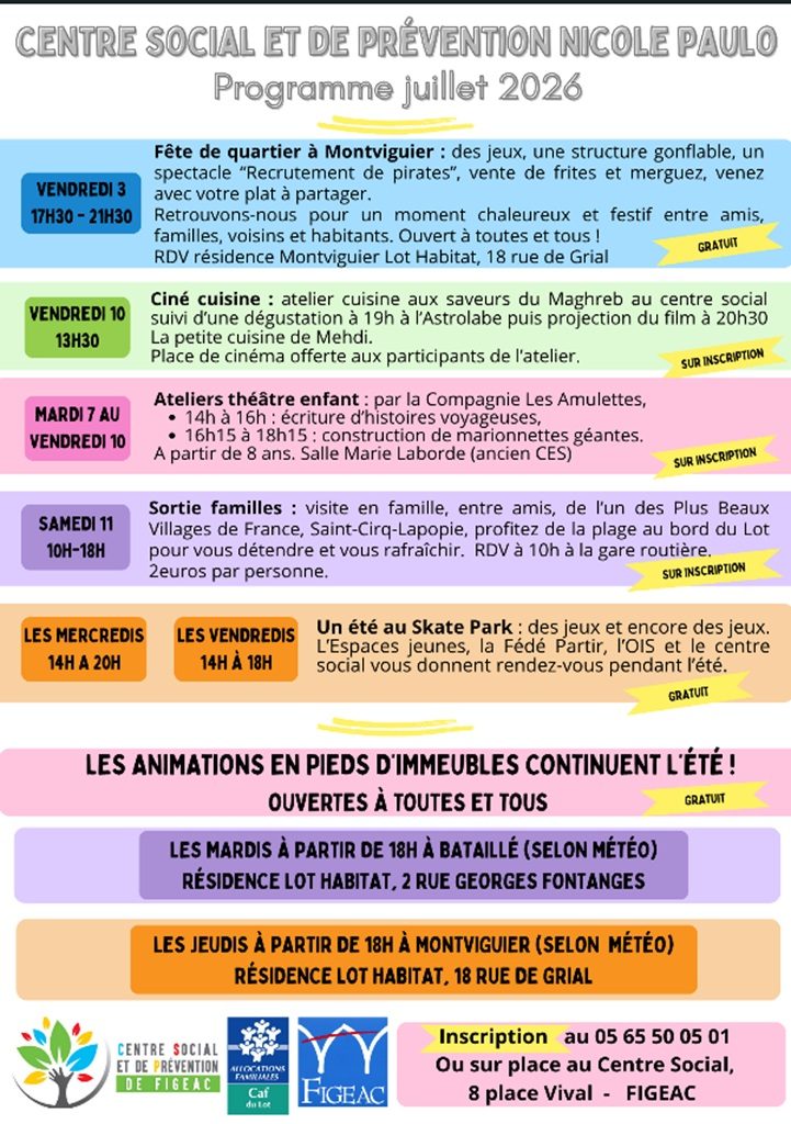 Programme des animations juillet du centre social de Figeac